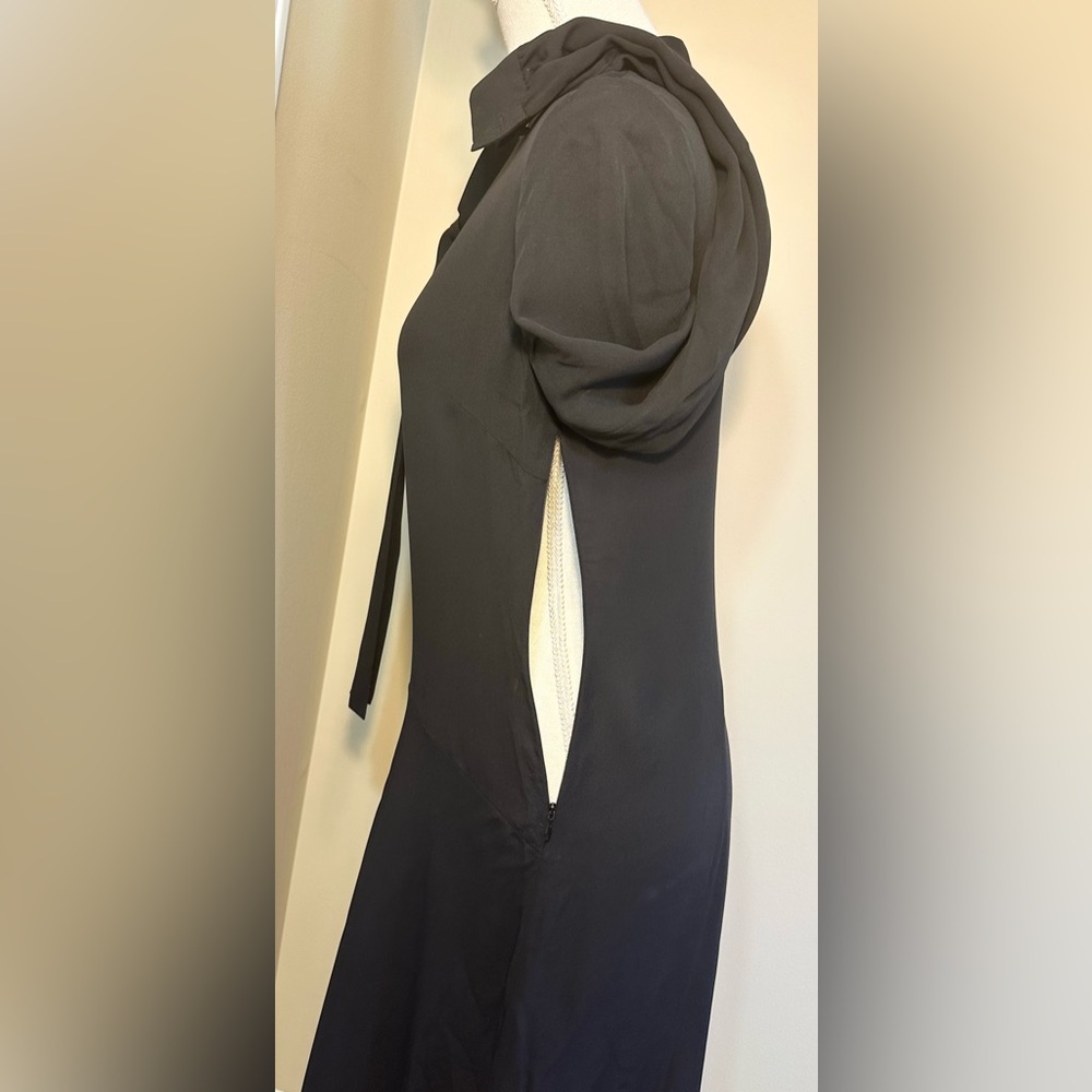 Theory 2 Black Tie Neck Drape Dress Long Sleeve Asymmetrical Hem 100% Silk - Picture 7 of 11